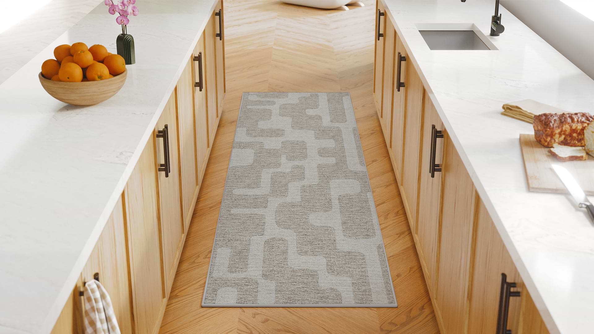 Grey kitchen runner with organic pattern