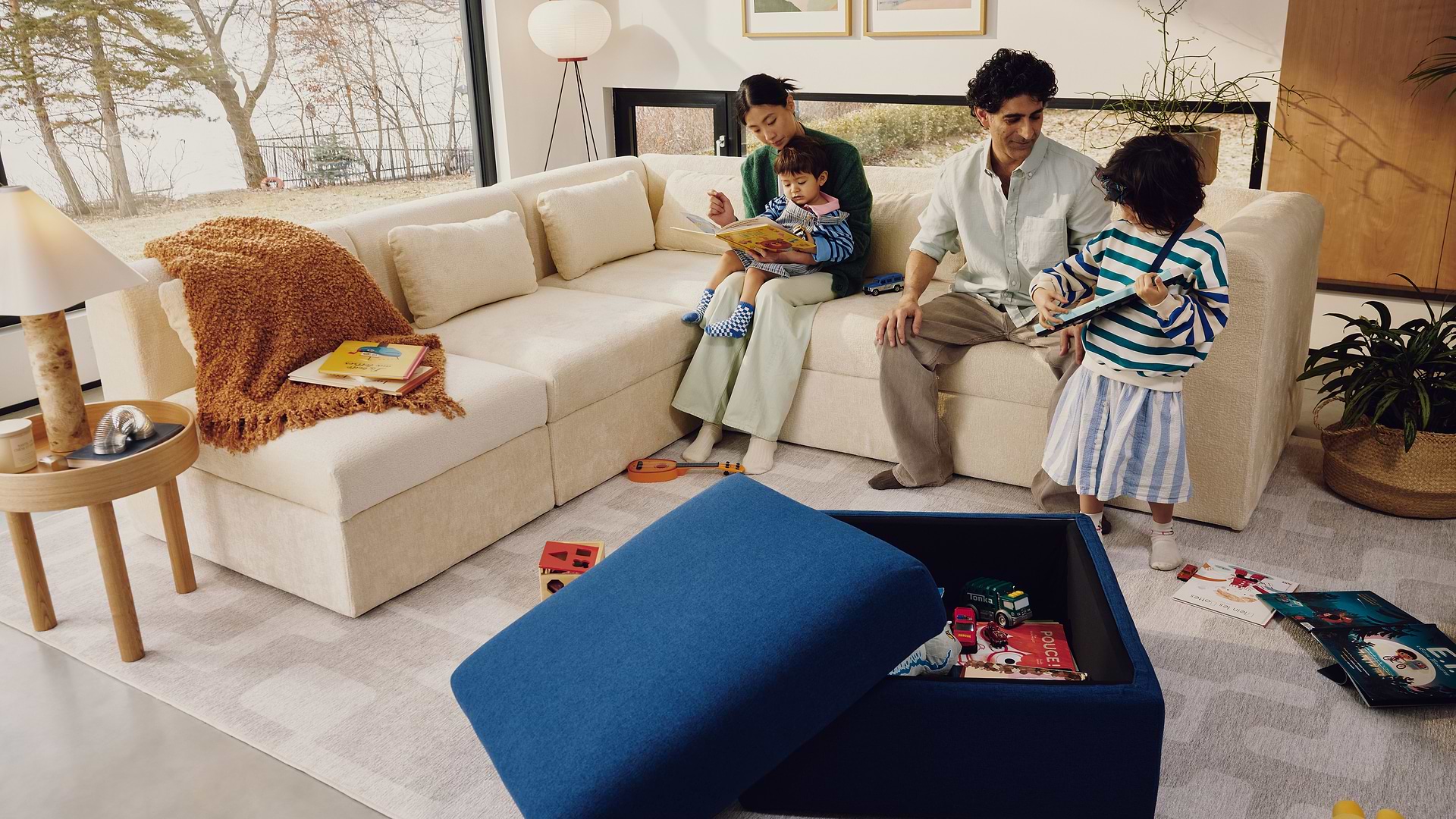 Family on a white sofa